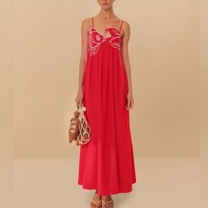 COMMENSE Red White Fish Cotton Midi Maxi Dress NWT